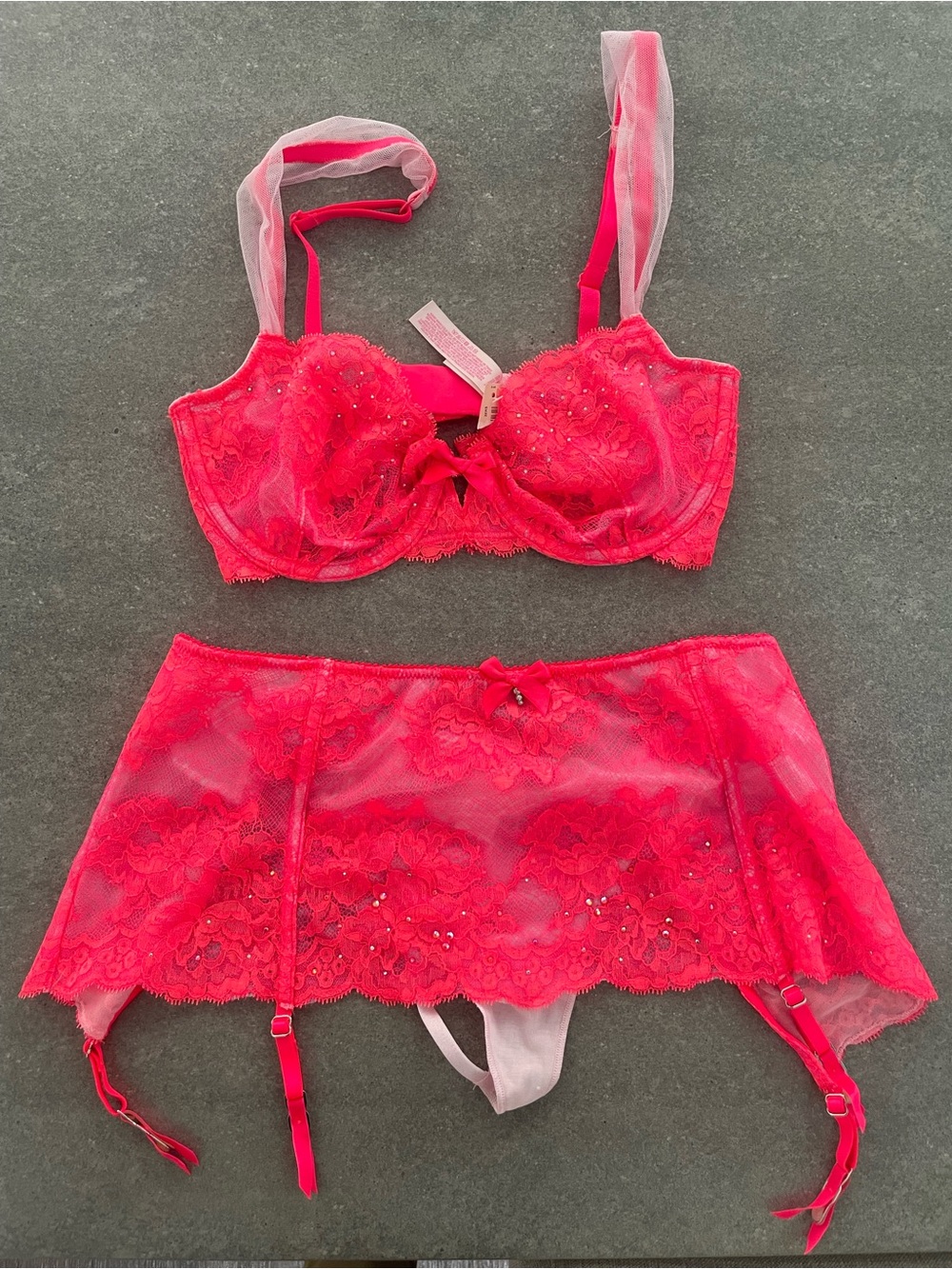 Victoria's Secret Very Sexy Neon Pink Lace Bra, Garter Skirt/Thong Set